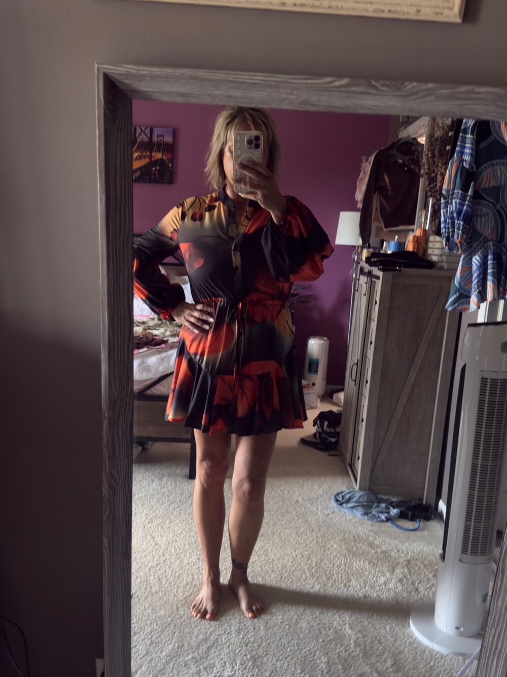Abstract Floral Long-Sleeve Tie-Waist Mini Dress in Orange and gray